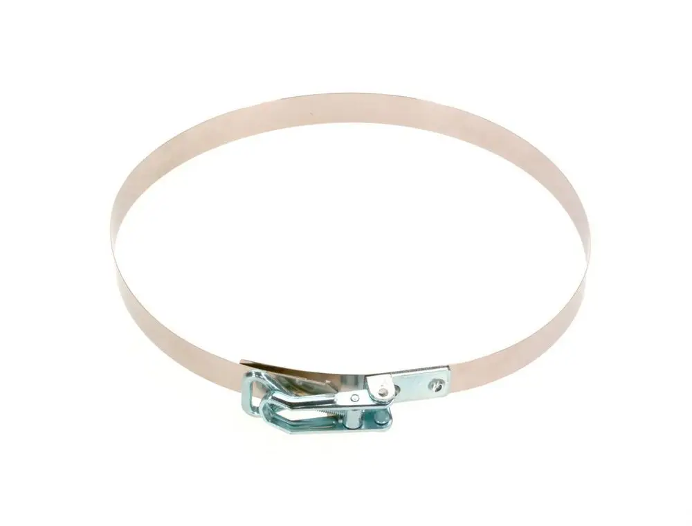 BOSCH Spannband aus Metall mit mechanischem Verschluss, geeignet zur Befestigung oder Sicherung von Schalldämpfern oder ähnlichen Komponenten.